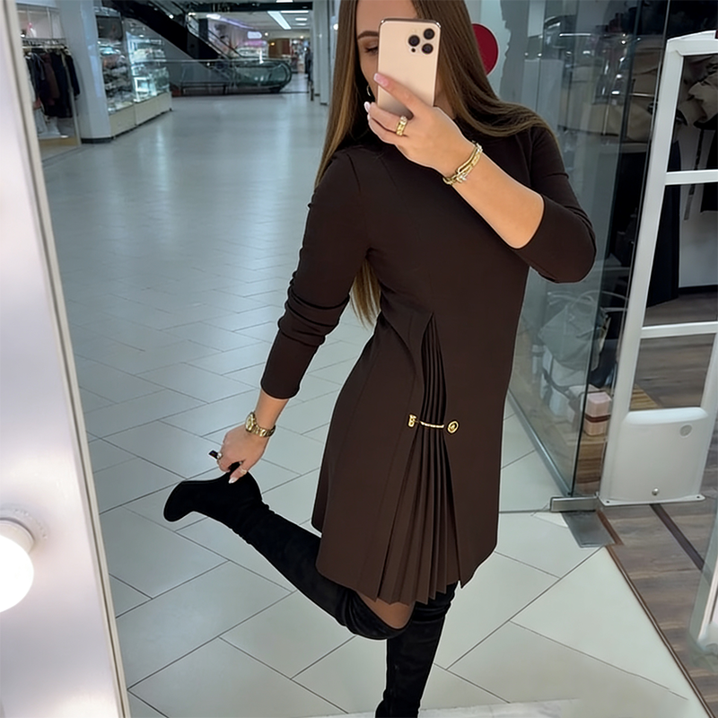 Szarlotta | Sukienka z Długim Rękawem i Faldami